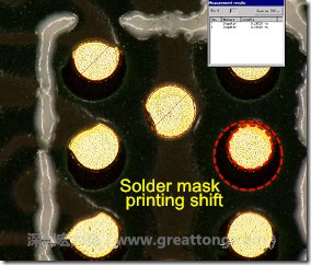 電路板BGA下面的防焊層印刷偏移，造成焊墊大小不一致。