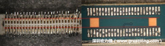 把板對板連接器與其電路板的佈線焊墊作一個比較，端子的切斷面有毛邊的地方剛好對到了裸銅區。