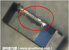 使用錫(Sn)鍍層的電源電感器(Power Inductors)，經(jīng)過推力測試后，其焊點還保留在零件的端點上，所以推力比較高。