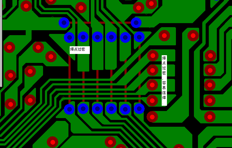 PCB設(shè)計(jì)焊點(diǎn)過密，易造成波峰連焊，焊點(diǎn)間漏電