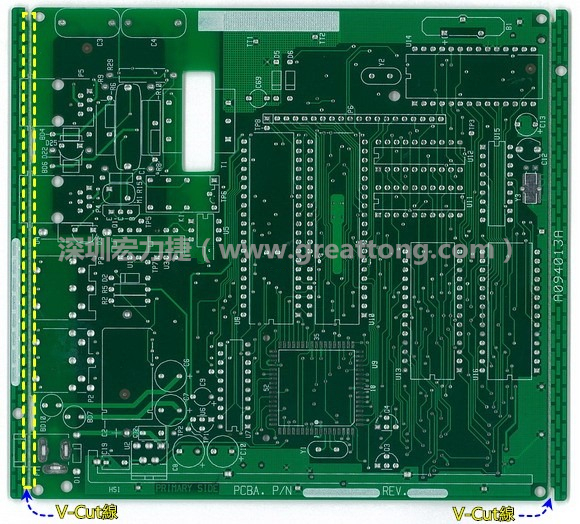 所謂【V-cut】是印刷電路板(PCB)廠商依據客戶的圖紙要求，事先在PCB的特定位置用轉盤刀具切割好的一條條分割線，其目的是為了方便后續SMT電路板組裝完成后的「分板(De-panel)」之用，因為其切割后的外型看起來就像個英文的【V】字型，因此得名。