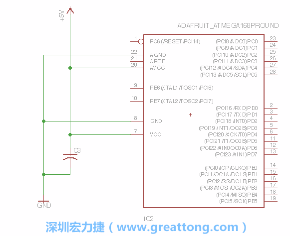 3.1.    新增微控制器晶片（RBBB → ATmega），把它放在電路原理圖的中央附近，把它的兩個接地接頭連接到接地訊號端。