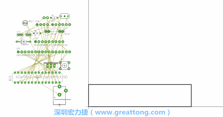 第一次執(zhí)行布線編輯器時(shí)，你會(huì)發(fā)現(xiàn)有兩個(gè)區(qū)塊，左邊的區(qū)塊非?；靵y，而右邊的區(qū)塊則是一個(gè)長(zhǎng)方形的工作區(qū)域，EAGLE免費(fèi)版會(huì)限制你的工作區(qū)域在4” x 3.2”的范圍內(nèi)，如果你試圖將元件擺放在工作區(qū)外的話，就會(huì)跳出警示訊息。