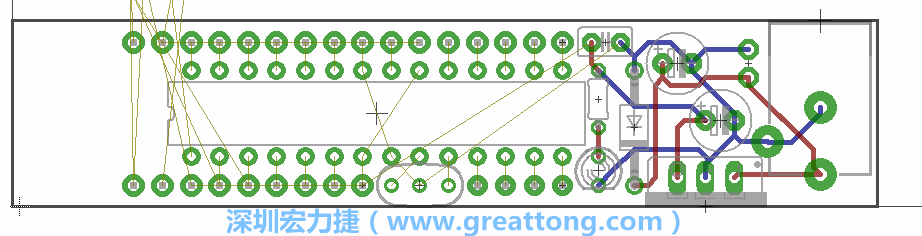 將ATmega微控制器、三個(gè)GPIO排針（JP2, JP3, JP4）和諧振器（resonator）排置如上圖所示。