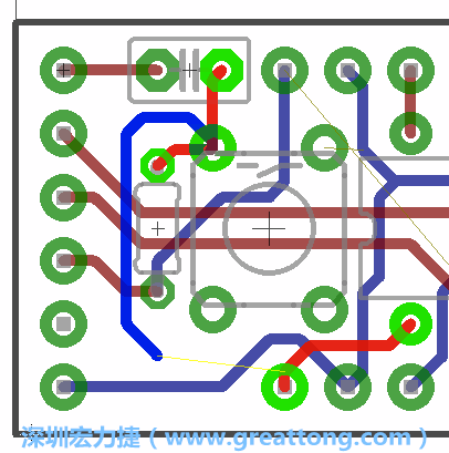 要在電路板正面進(jìn)行+5V信號(hào)線連結(jié)和其他連結(jié)點(diǎn)的布線工作是非常容易的，而重置信號(hào)線（信號(hào)線用來(lái)連結(jié)電路板正面左邊的重置開(kāi)關(guān)）需要經(jīng)過(guò)一個(gè)可以通過(guò)電路板正反兩面的電路通道，這個(gè)通道是一個(gè)可以讓電路板正反兩面線路連接的一個(gè)小孔。