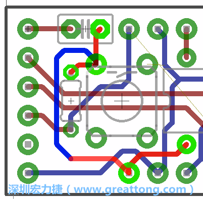 為了要?jiǎng)?chuàng)造一個(gè)電路通道，首先要先點(diǎn)擊重置開(kāi)關(guān)的連結(jié)點(diǎn)進(jìn)行布線，在電路板的背面繪制線路直到其它線路前的乾淨(jìng)區(qū)域。