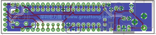 第二篇文章則帶領(lǐng)你進(jìn)行電路板上的布線、連結(jié)點(diǎn)的配置，并利用「設(shè)計(jì)規(guī)則檢查（Design Rule Check）」測試你的設(shè)計(jì)，第二篇文章的電路板設(shè)計(jì)圖將如下所示：